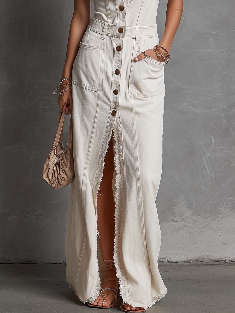 Casual Fashion Western V-neck Front-button Sleeveless Lace Trim White Denim Slits Maxi Dress