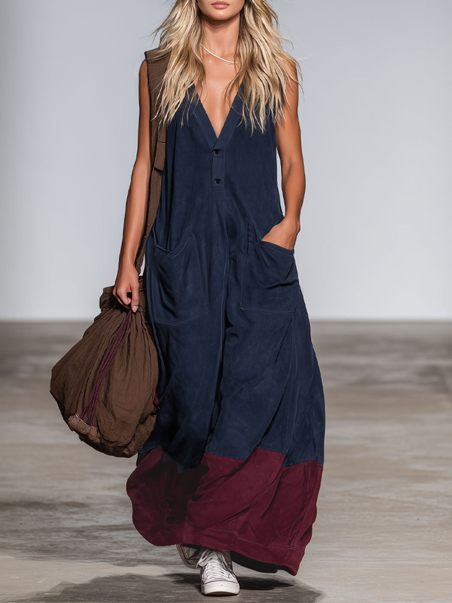 Western Style V-neck Double Pocket Color-blocked Faux Suede Sleeveless Maxi Dress