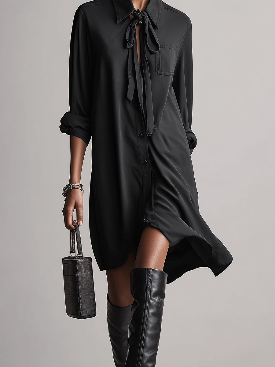 Women's Black Satin Shirt Dress With Tie-Neck Detail & Asymmetric Hem, Timeless Sleek-Casual Style Dress MDZ1651A1I