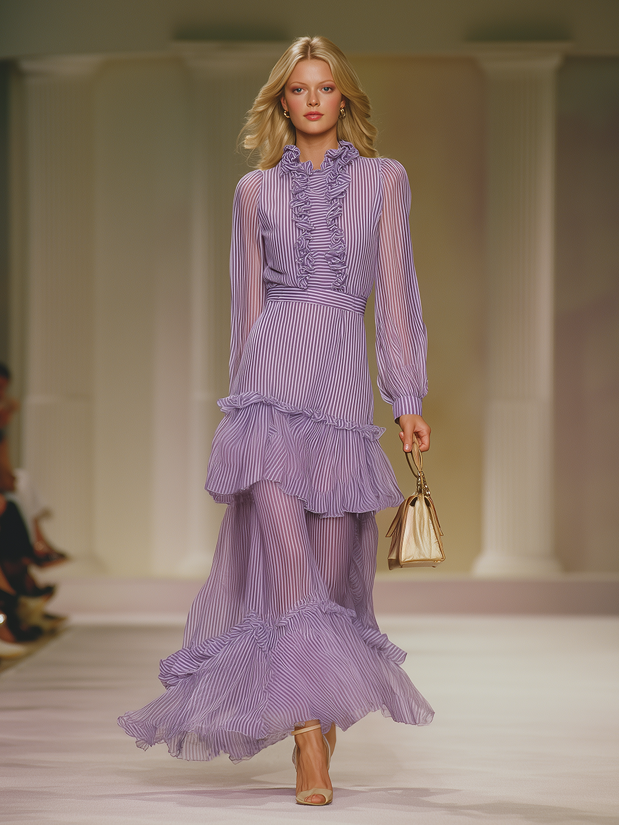 Elegant And Fashionable Ruffled Striped Chiffon Long Dress
