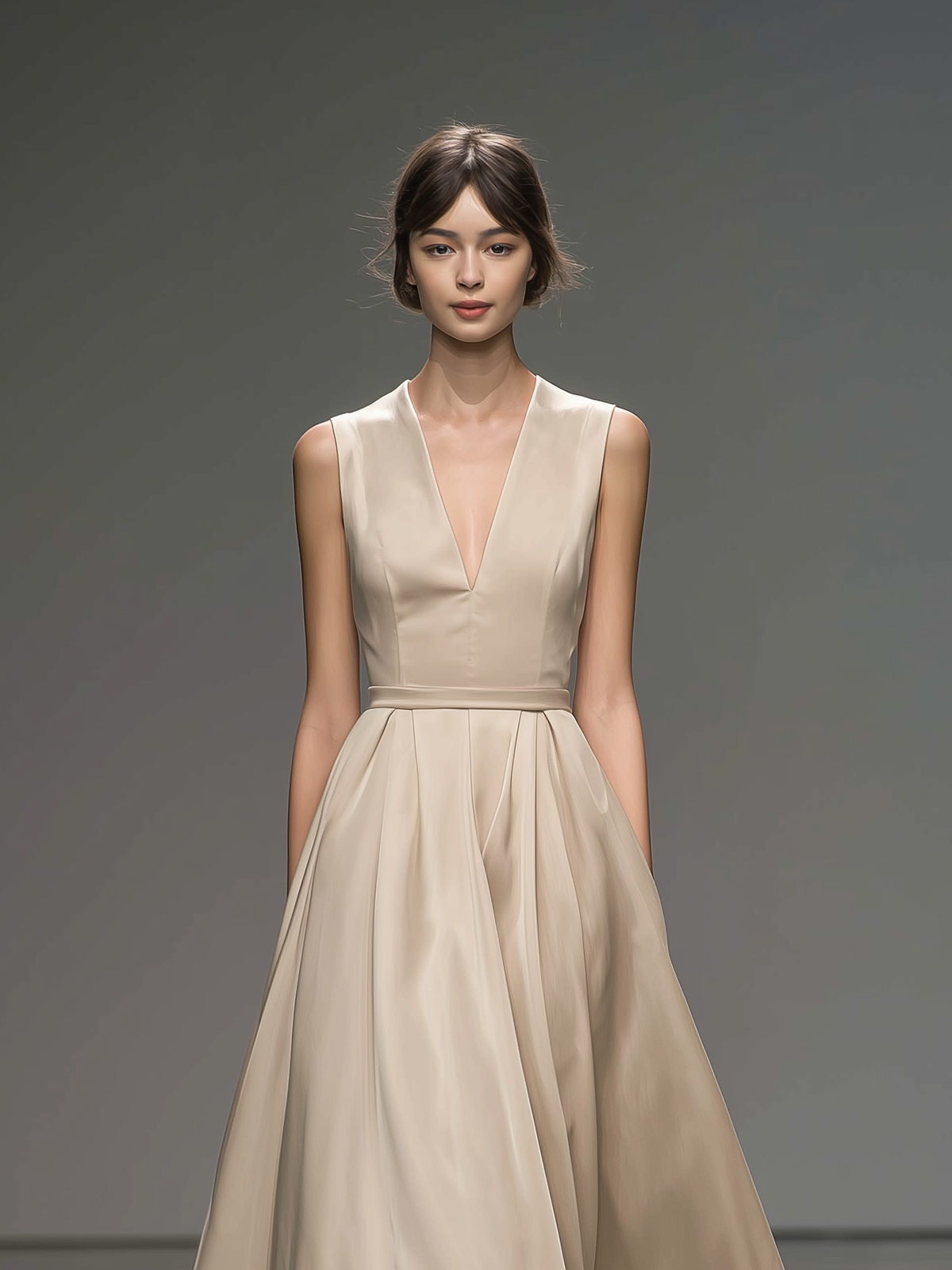 Women's Elegant Champagne-colored Satin Sleeveless V-neck Fitted Long Dress MDA2614L1AN