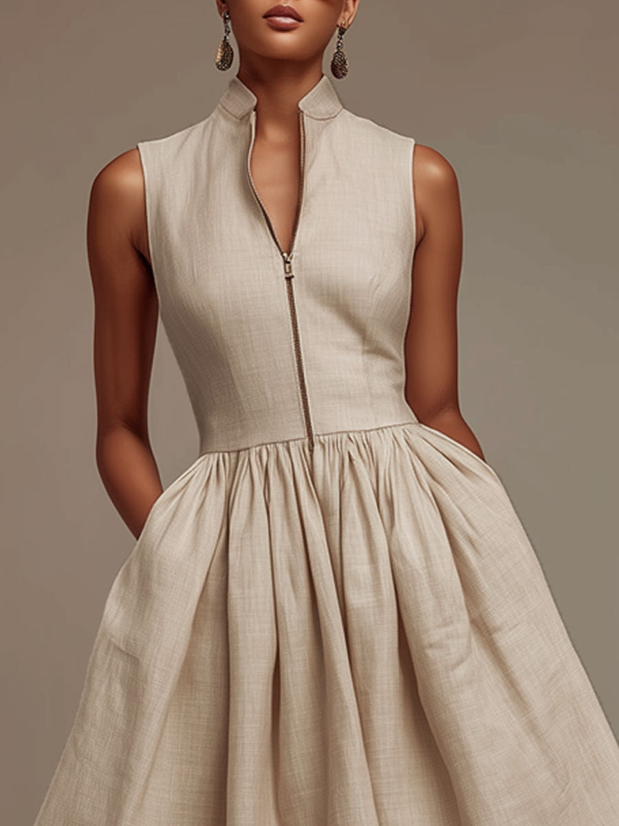 Retro-chic Light Khaki Cotton Linen Sleeveless A-line Midi Dress