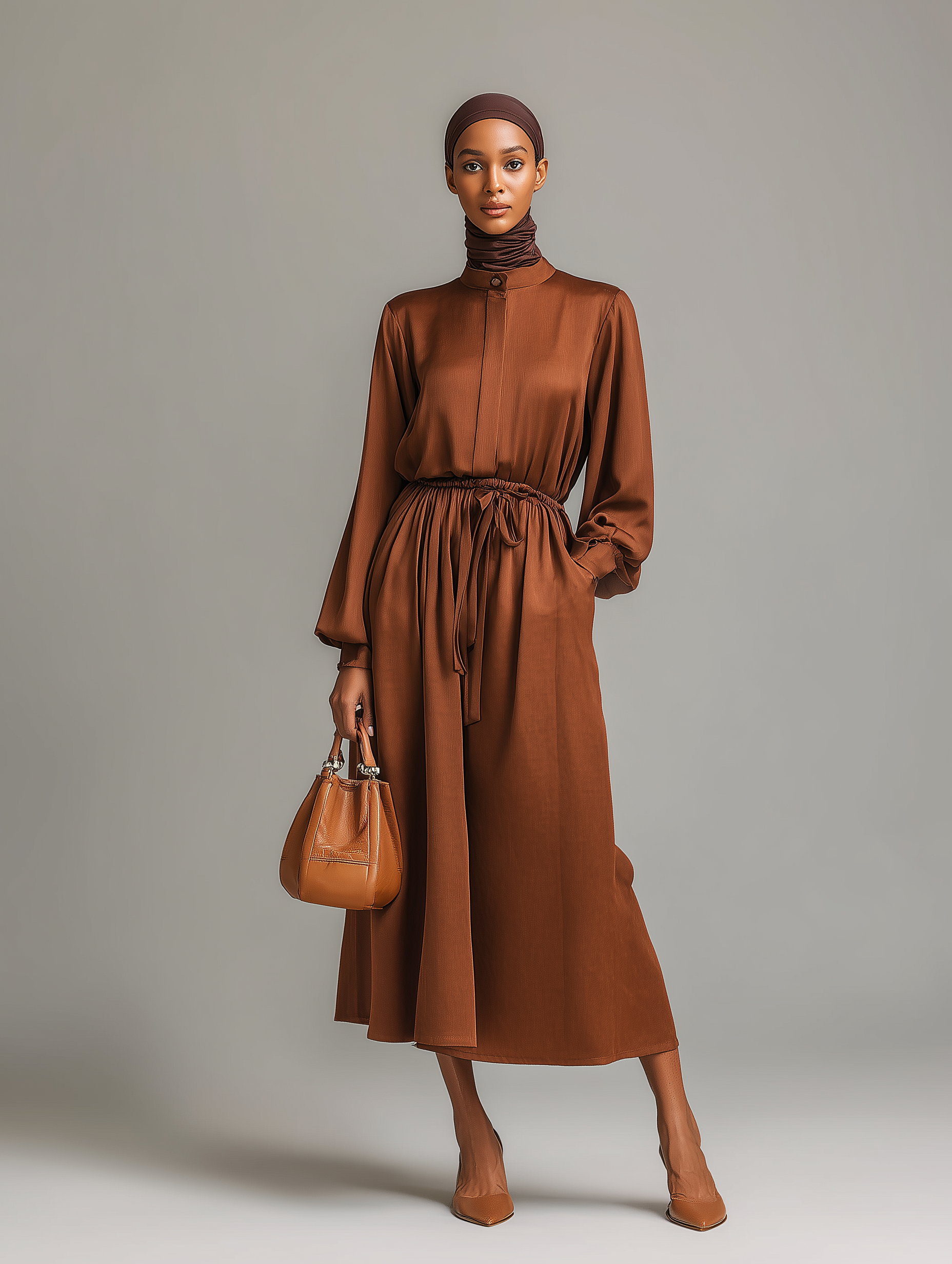 Women's Elegant Brown Satin Round Neck Long Sleeve Midi Dress With Gathered Waist MDA2346L8AN