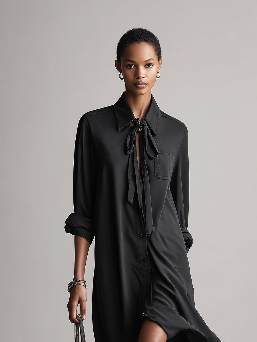 Women's Black Satin Shirt Dress With Tie-Neck Detail & Asymmetric Hem, Timeless Sleek-Casual Style Dress MDZ1651A1I