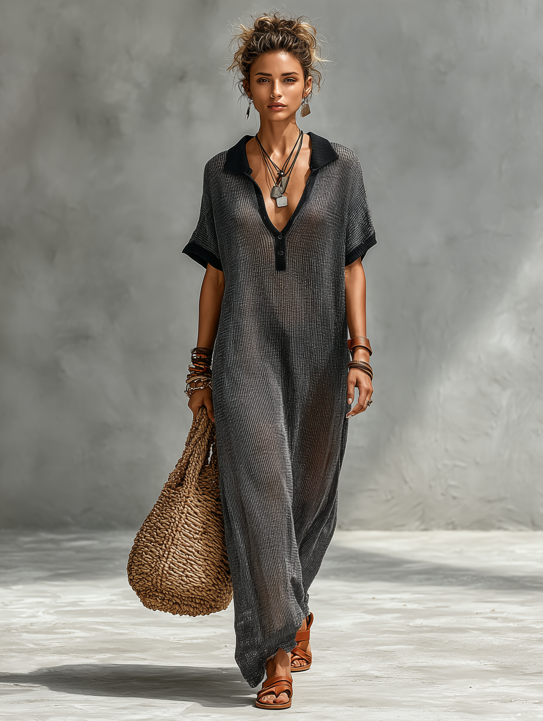 Women's Minimalist, Slightly Sheer, Knitted, Loose-fitting, Collared, Short-sleeved Maxi Dress MDZ0949A6Y