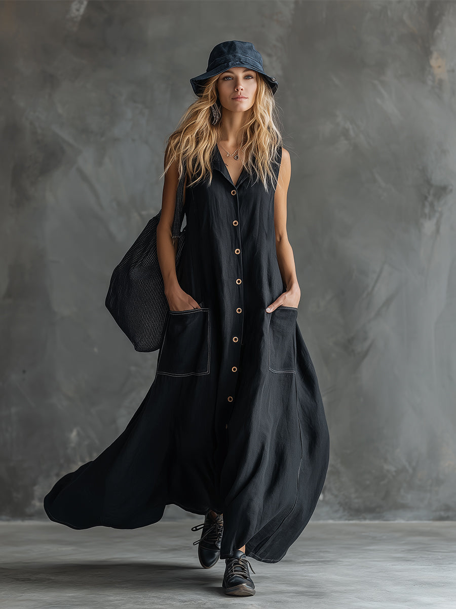 Elegant And Classic Black Cotton And Linen Sleeveless Maxi Dress