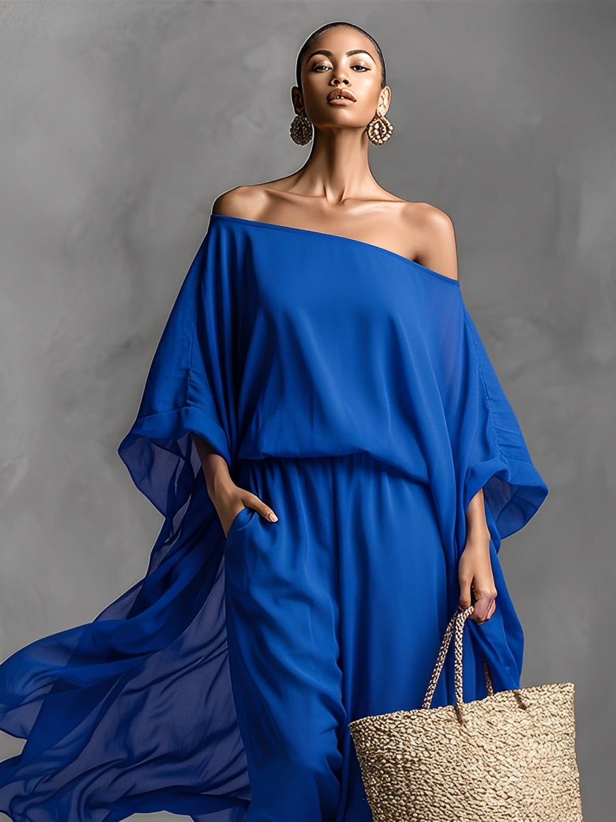 Women's Royal Blue Sheer Chiffon Jumpsuit With Off-the-Shoulder & Batwing Sleeves, Timeless Romantic-Boho Style Jumpsuit MDZ1668A6I