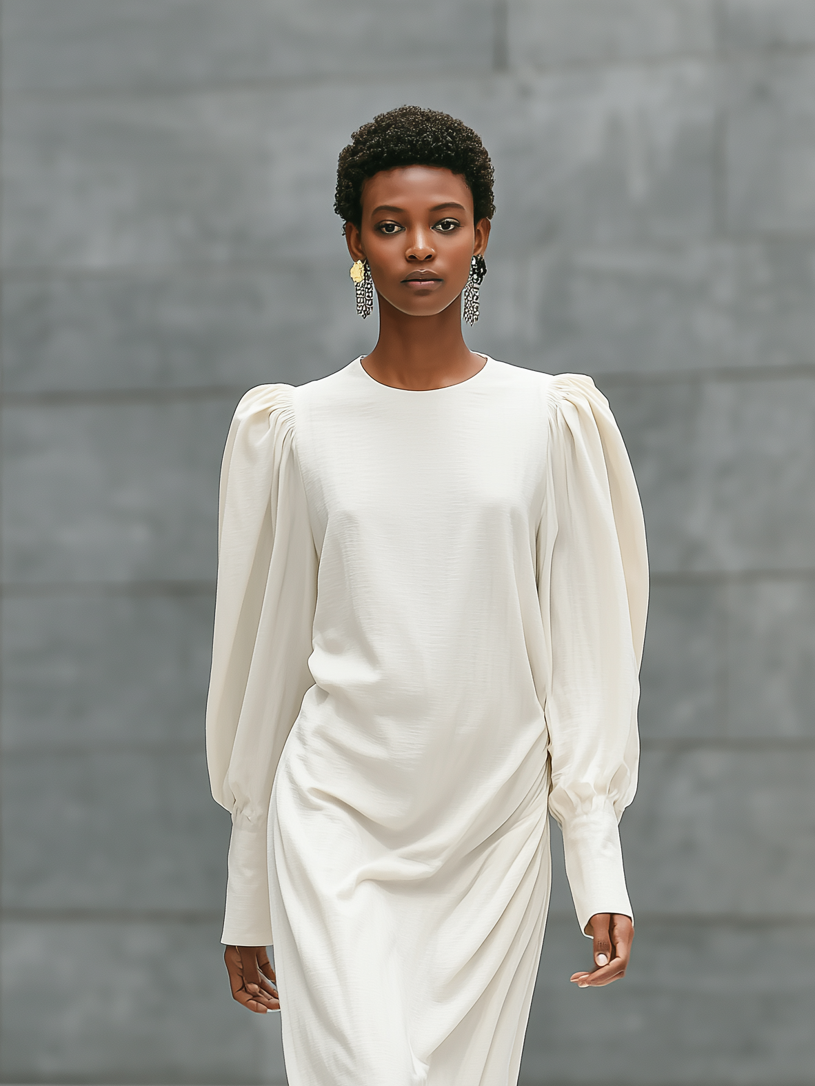 Women's Casual White Cotton And Linen Round Neck Loose Long-sleeved Maxi Dress MDZ1210A8AN