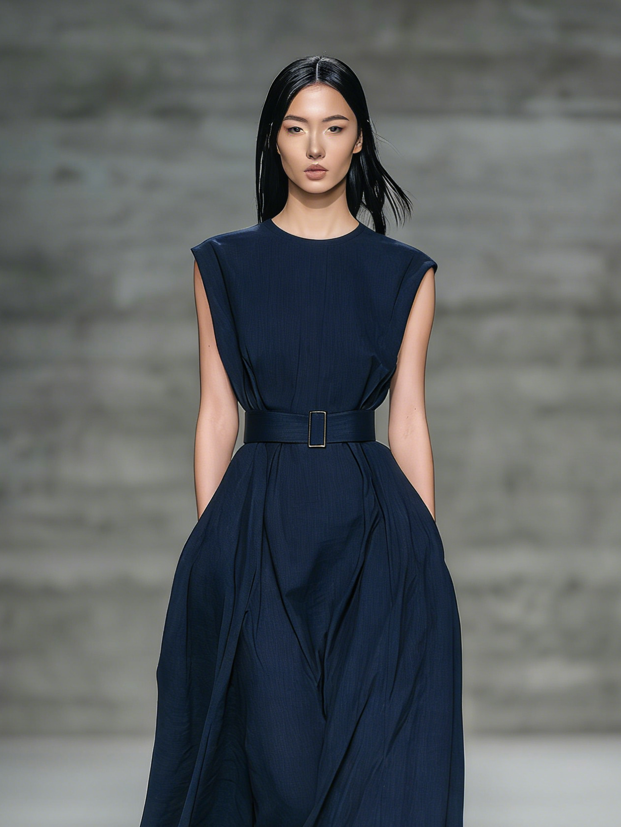 Women's Stylish Dark Blue Denim-look Fabric Round Neck Sleeveless Maxi Dress With Belt MDZ0626A2AN