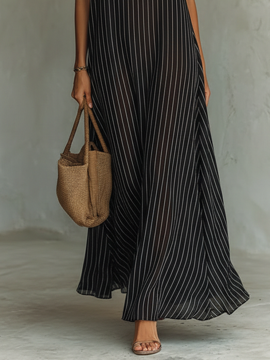 Women's Minimalist Chiffon Striped Print Backless Maxi Dress MDZ0311B5Y