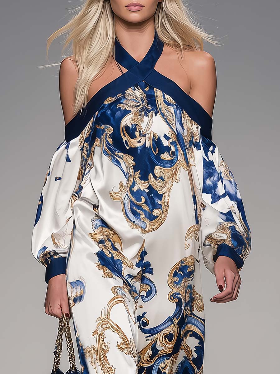 Elegant Retro Flowing Off-shoulder Strappy Baroque-style Printed Pearl White Satin Maxi Dress