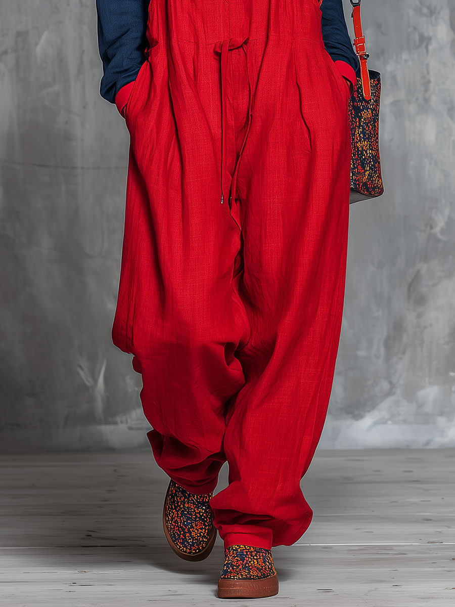 Retro Bohemian Style Color-blocked Cotton And Linen Top And Overalls Set