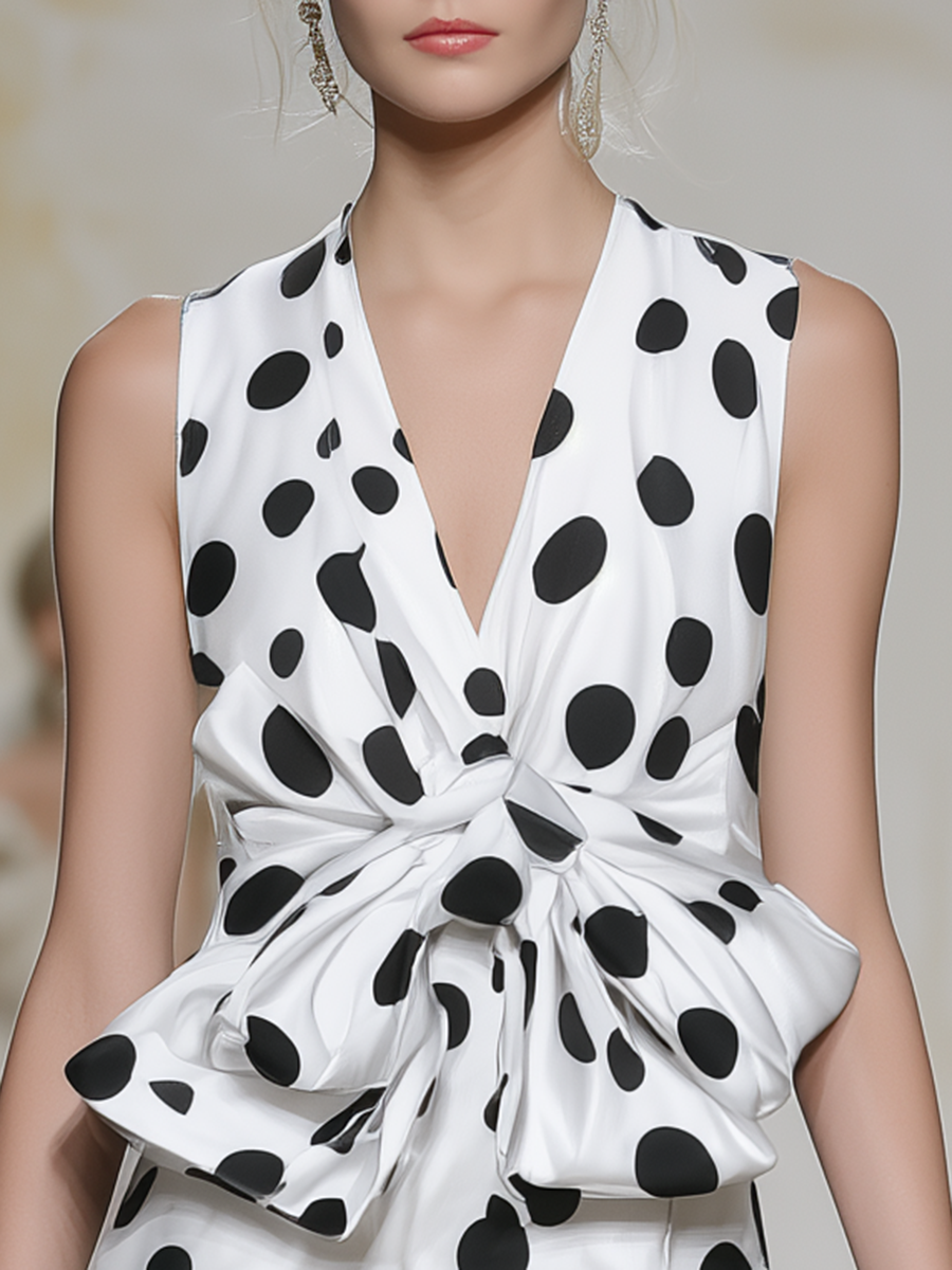 Retro-chic V-neck Sleeveless Polka Dot Satin Maxi Dress