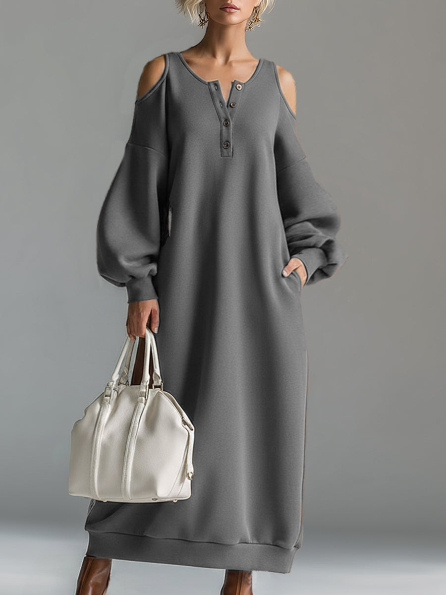Elegant Urban Sporty Grey Cotton Off-the-shoulder Long-sleeved Maxi Dress