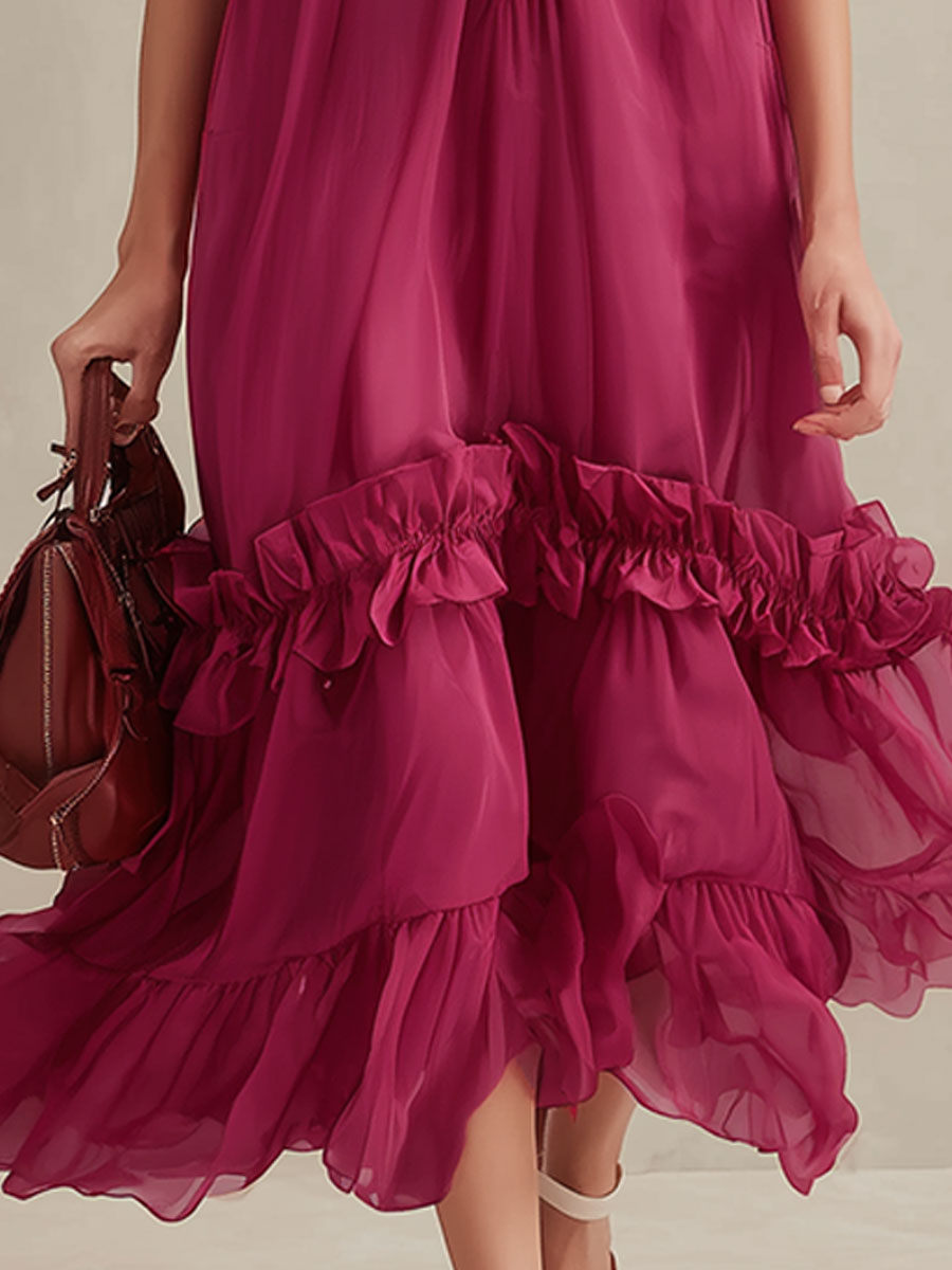 Casual Vacation Style Fuchsia Sleeveless V-neck Ruffle Midi Dress