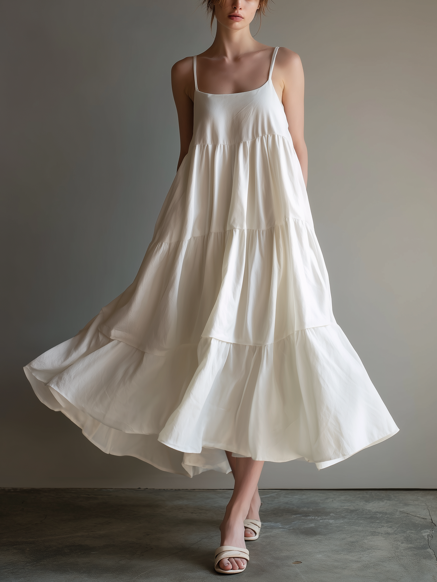 Women's Elegant White Woven Sleeveless Spaghetti Strap Loose Maxi Dress MDZ0950A4AN