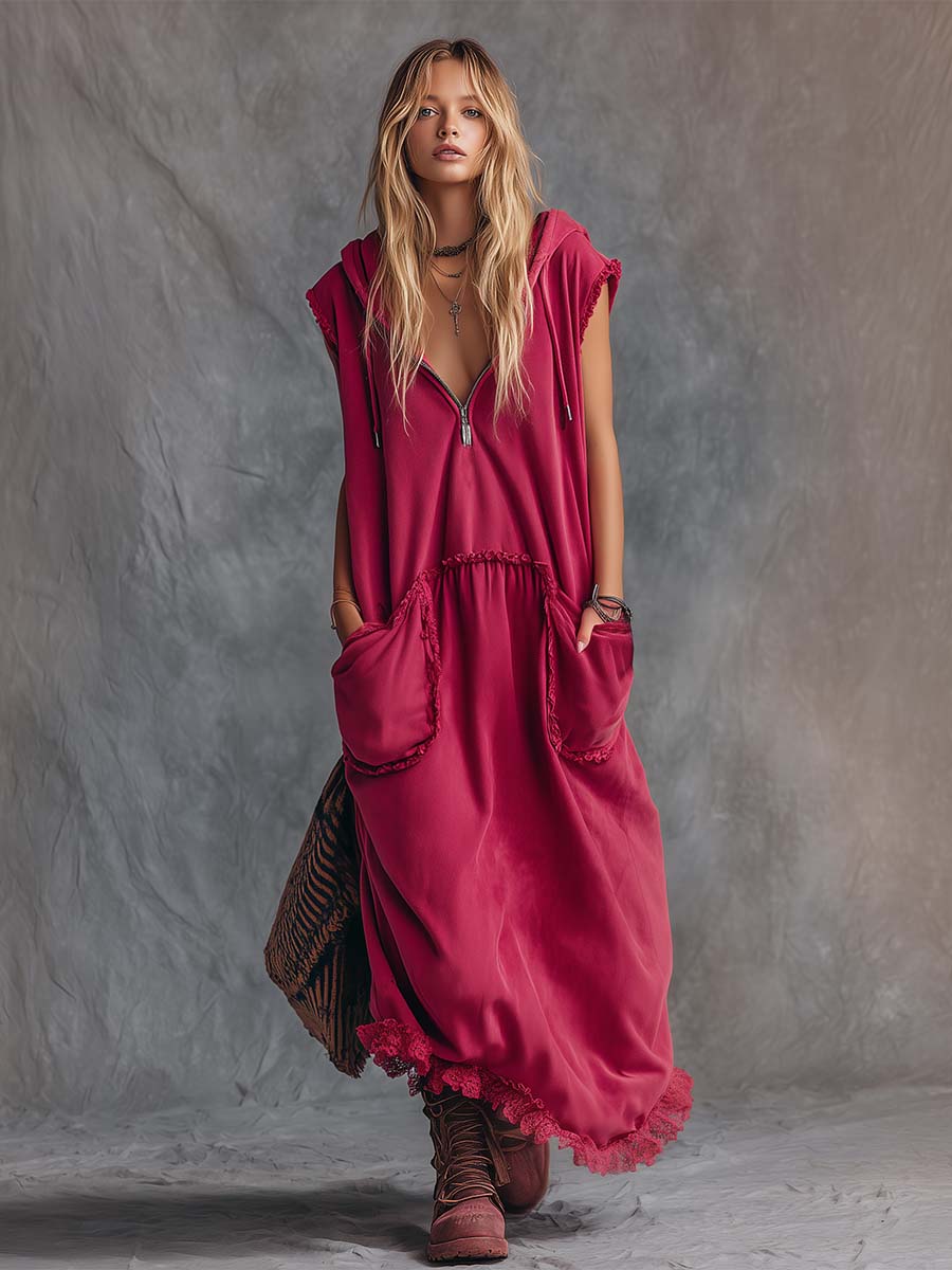 Vintage Casual Sporty Hooded V-neck Front Zip Lace Trim Sleeveless Raspberry Red Cotton Maxi Dress