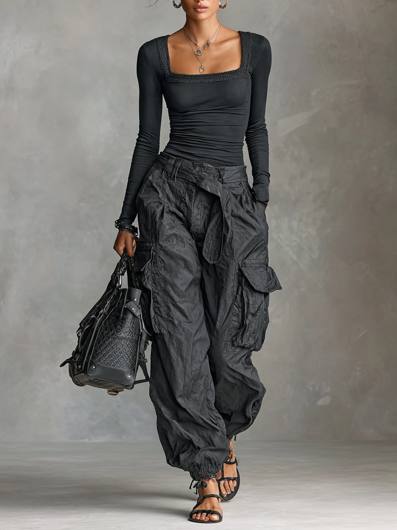 Women's Square Neck Long Sleeve T-Shirt Multi-Pocket Cargo Pants Two-Piece Set MDA2588G0Y