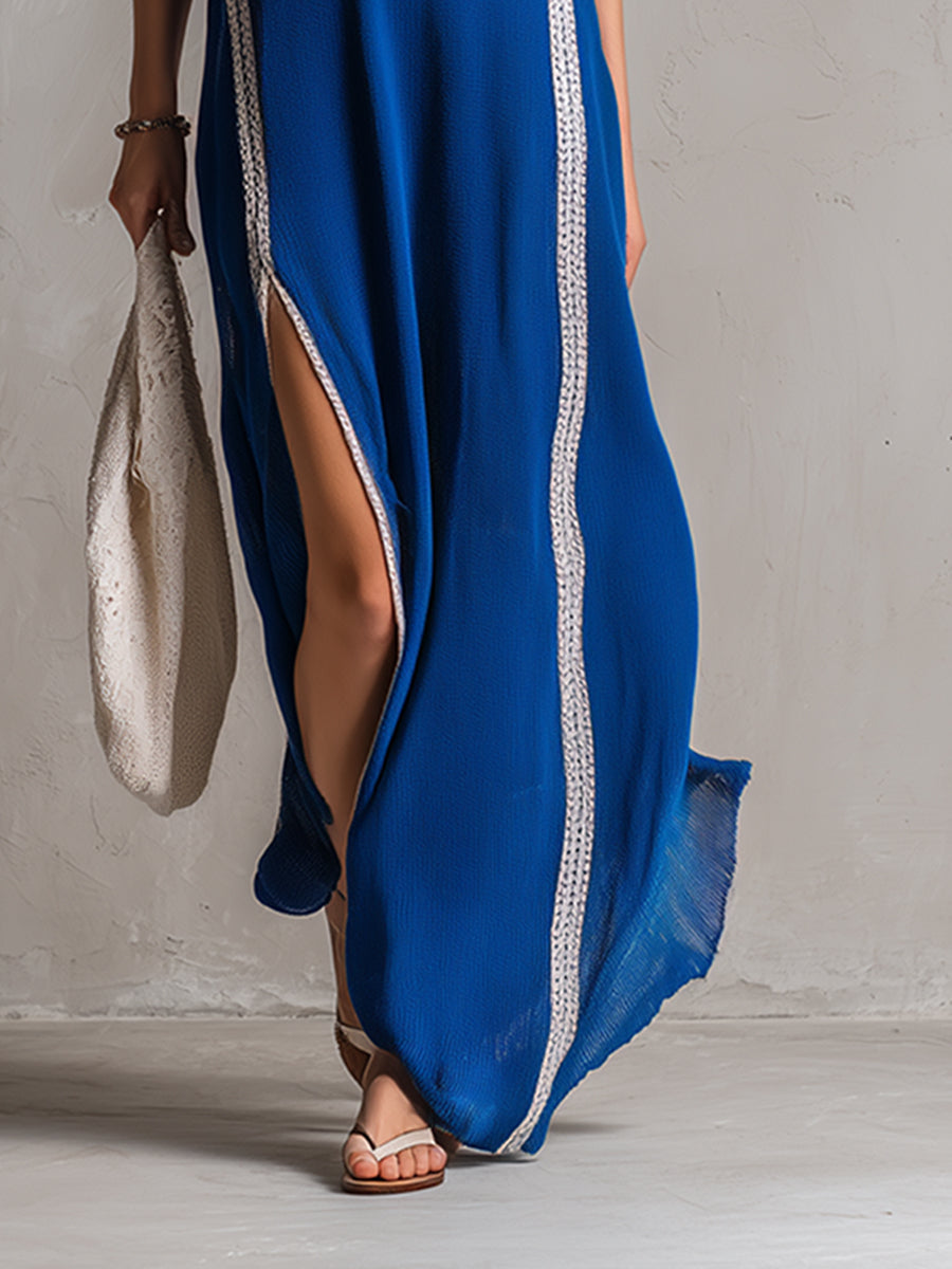 Stylish And Sporty Striped Royal Blue Lightweight Knit Sleeveless Maxi Dress