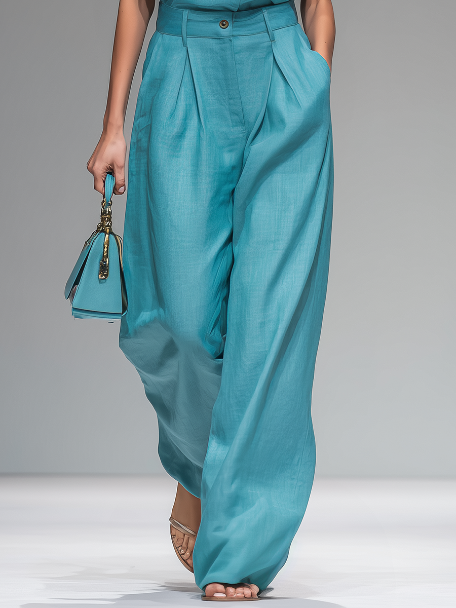 Retro-style Stand-up Collar Sleeveless And Linen-style Trousers Set