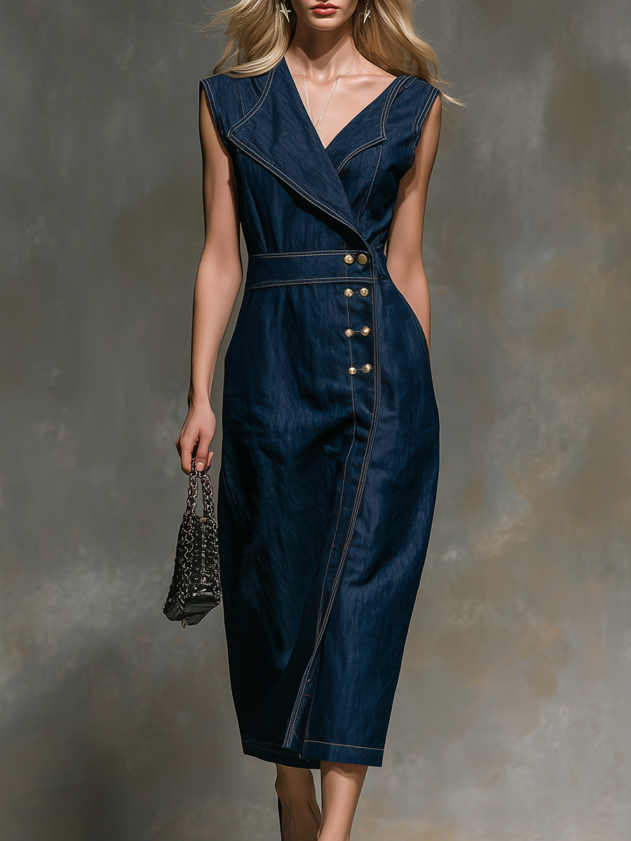 Retro-chic Sleeveless Asymmetrical Neckline Midi Dress