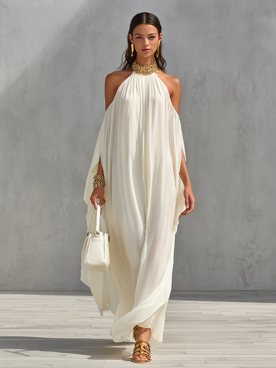 Women's Ivory Chiffon Dress With Halter Neck & Cold-Shoulder Detail, Timeless Luxe-Boho Style Dress MDA2983L1I