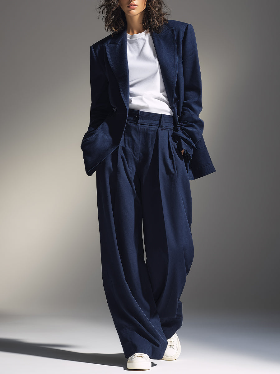 Women's Navy Structured Woven Set With Oversized Blazer & Wide-Leg Pants, Timeless Chic-Effortless Style Set MDA2694L0I