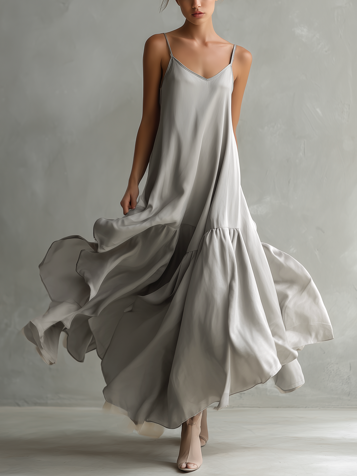 Women's Elegant Gray Satin Sleeveless Loose-fitting Maxi Dress With Spaghetti Straps MDZ0949A8AN