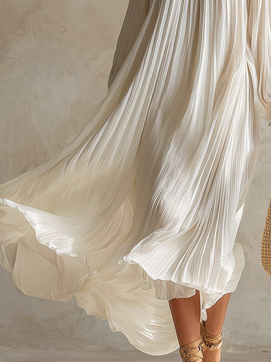 Elegant White Chiffon Pleated Off-the-shoulder Long-sleeved Midi Dress