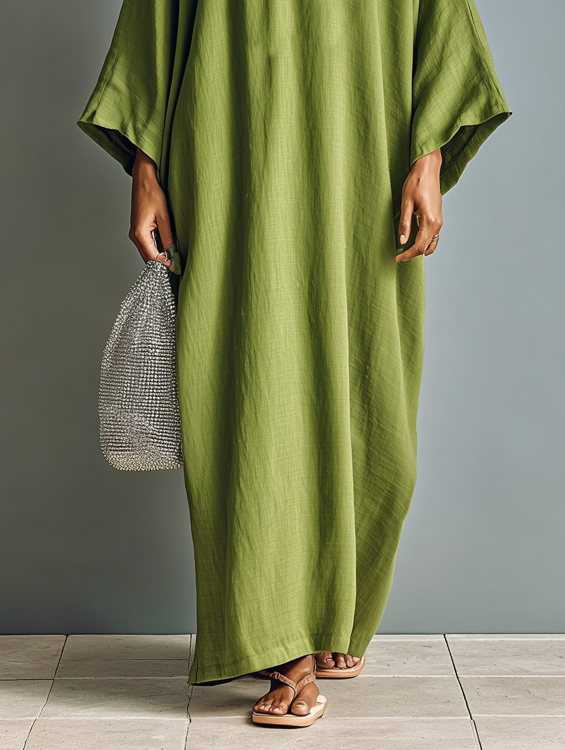 Women's Linen Blend Henley Neck Embroidered Batwing Sleeve Kaftan Maxi Dress MDZ0693A9Y