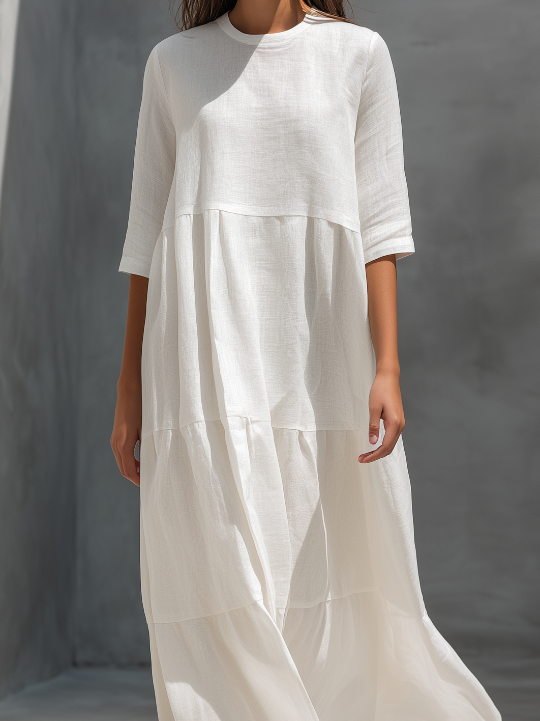 Women's Elegant White Cotton And Linen Blend Round Neck Short-sleeved Maxi Dress MDZ1715A7AN