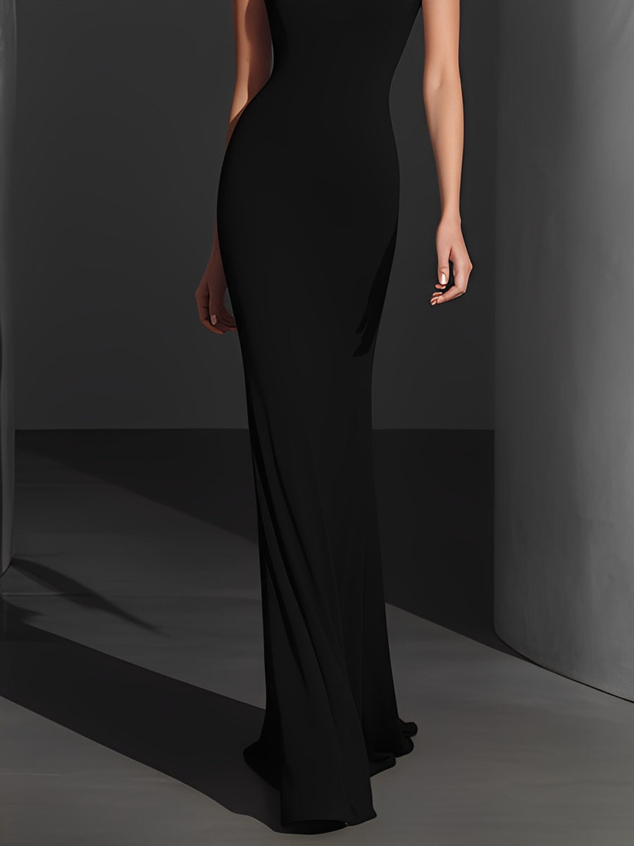 Women's Black Stretch Knit Dress With Cap Sleeves & Bodycon Silhouette, Timeless Sleek-Sophisticated Style Dress MDZ1253A5I