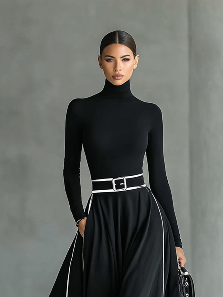 Women's Black Stitching White Trim High Collar Long Sleeve Tight Belt Maxi Dress MDA1031G0Y