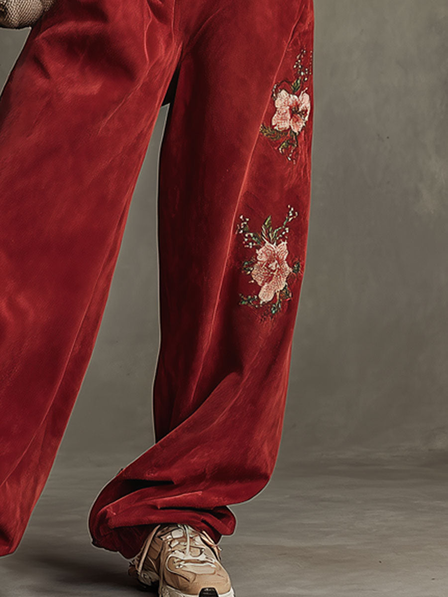 Western-style Retro Floral Embroidered Red Faux Suede Wide-leg Athletic Pants