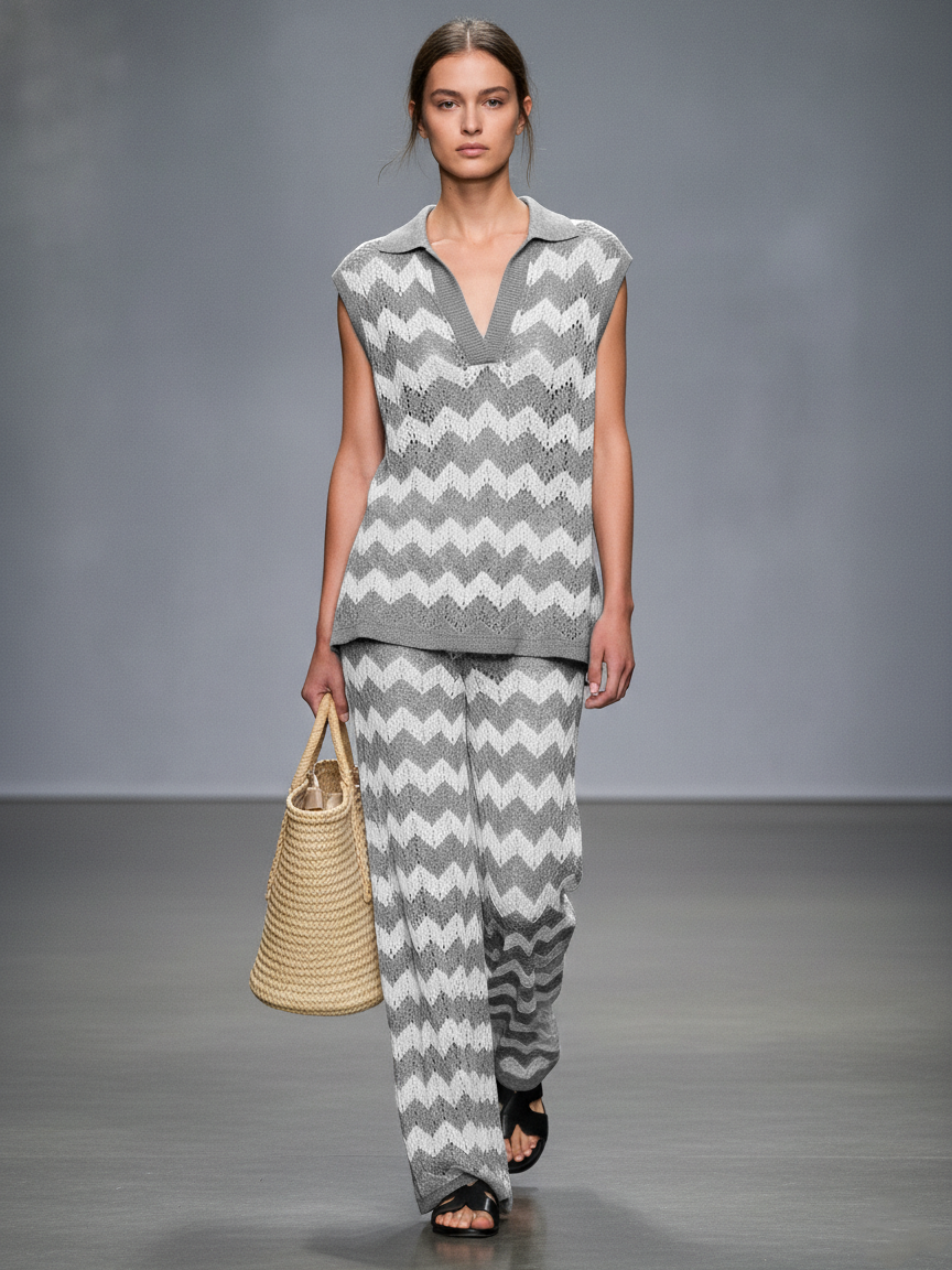 Women's Sheer Wave Pattern Knitted Sleeveless Top And Straight-leg Pants Set MDZ1407A0Y