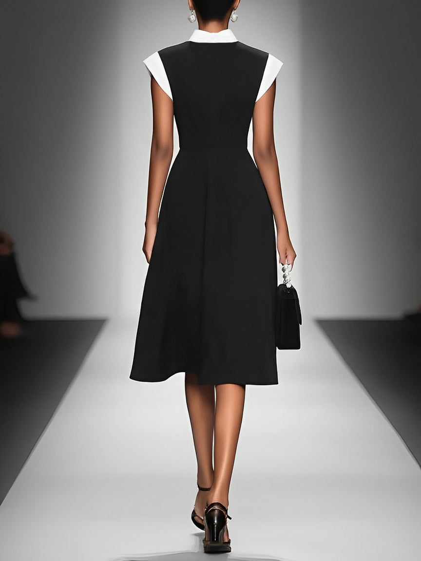 Women's Colorblock Square Neck Cap Shoulder Sleeve Waist Midi Dress MDA2447F4Y