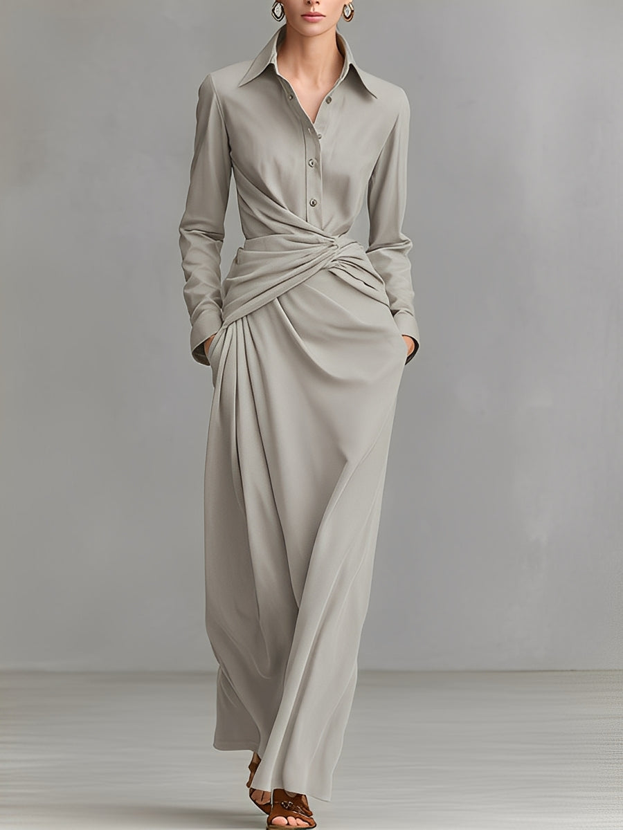 Women's Light Gray Woven Dress With Button-Front Shirt Collar & Knot Waist, Timeless Polished-Elegant Style Dress MDZ0956A4I