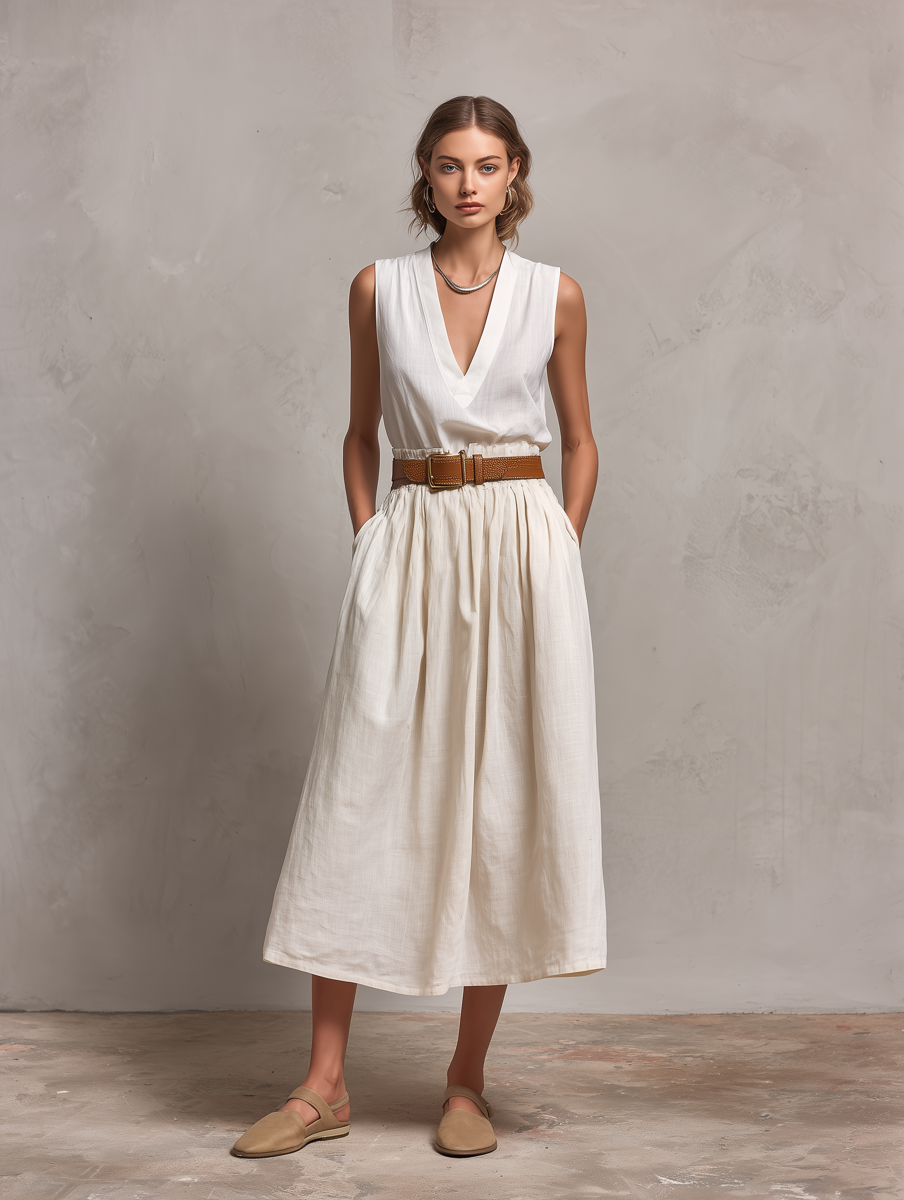 Women's Elegant Beige Cotton-linen Blend V-neck Sleeveless Top And Skirt Set (belt Not Included) MDZ1648A7AN