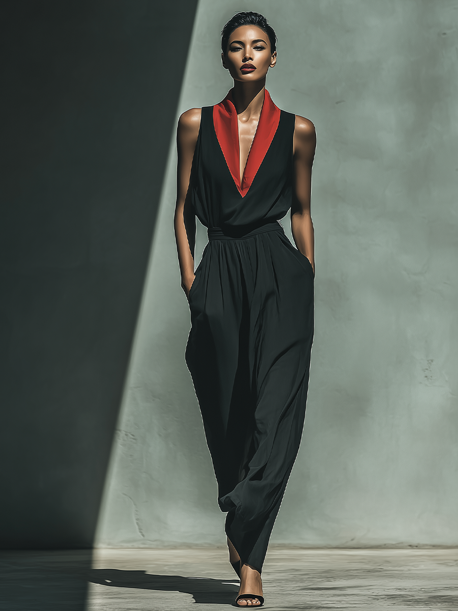 Women's Black Chiffon Sleeveless Jumpsuit With Red Contrast V-Neck Collar & Wide-Leg MDZ0965A8T