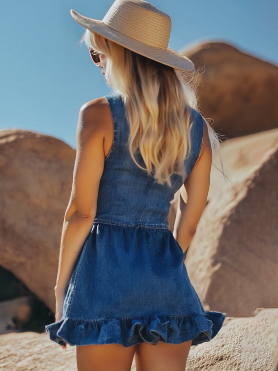 【24-hour shipping out】Fashionable Denim Ruffle Sleeveless Button Mini Dress