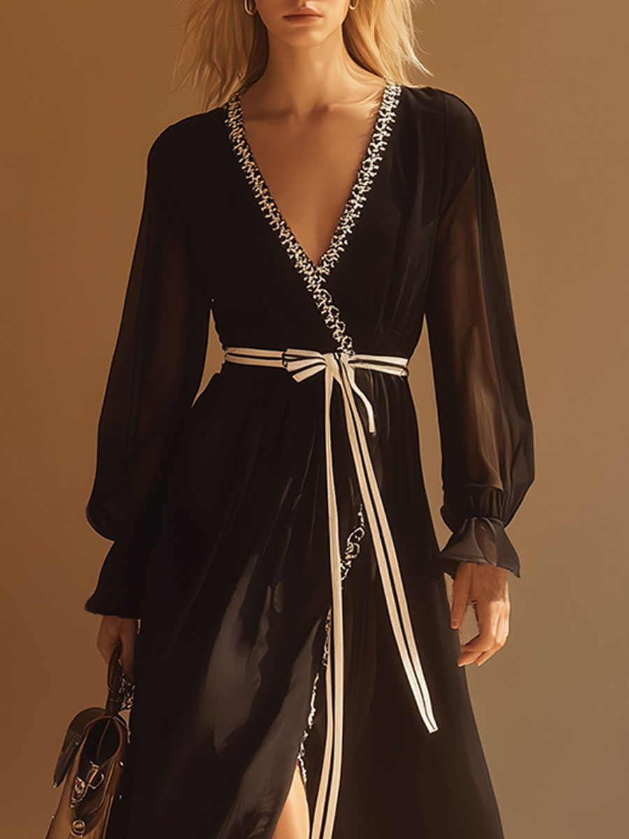 Stylish Vintage White Lace-trimmed Black V-neck Chiffon Midi Dress