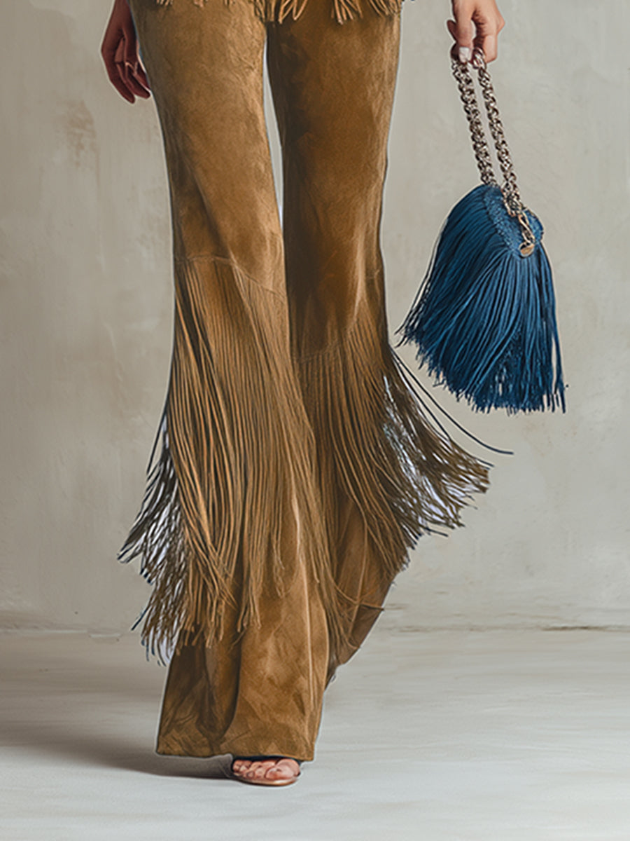 Elegant Vintage Light Brown Fringed Faux Suede Vest And Pants Set