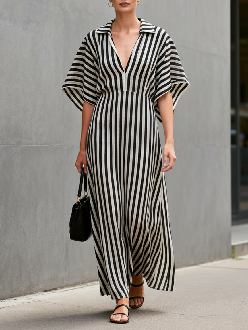Women's Minimalist Loose-fitting Striped Linen Blend Short-sleeved Maxi Dress MDZ0566A4Y