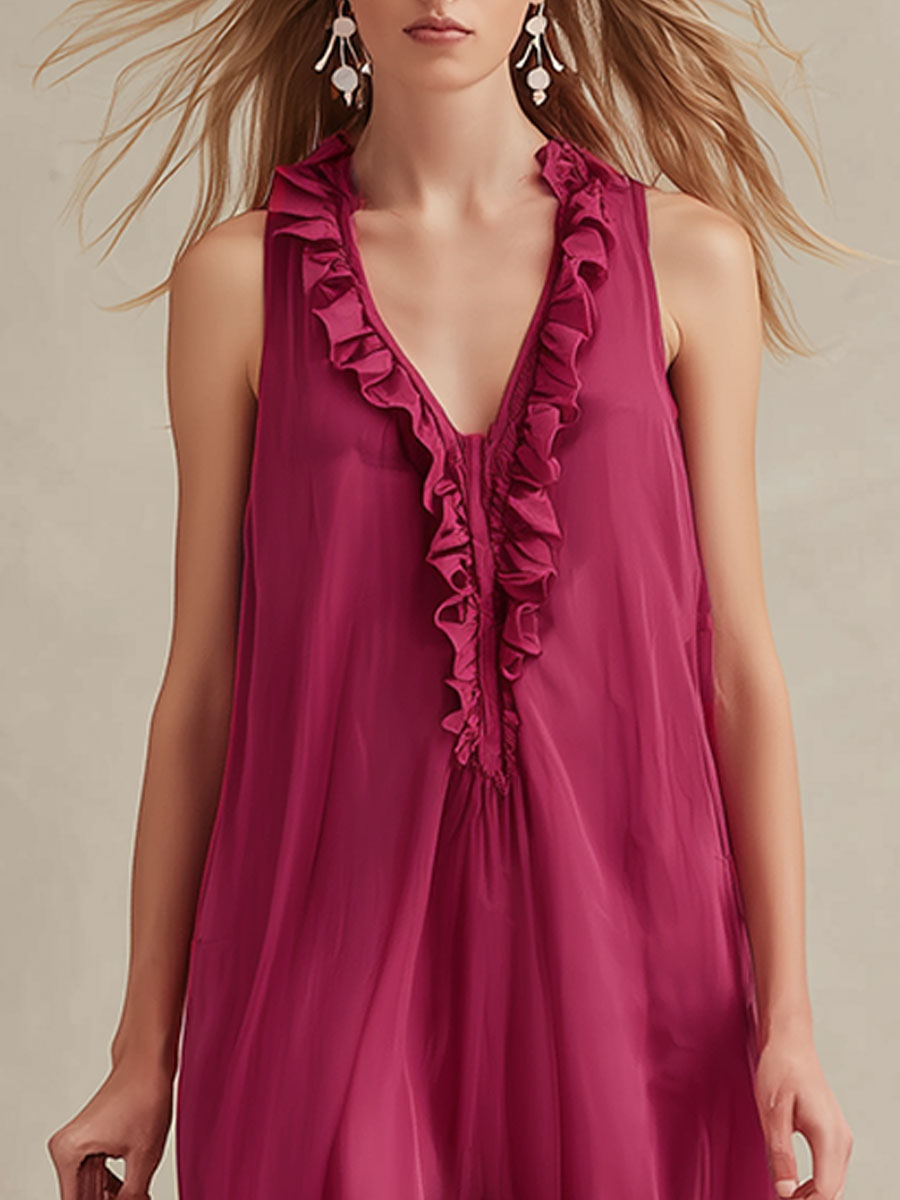 Casual Vacation Style Fuchsia Sleeveless V-neck Ruffle Midi Dress