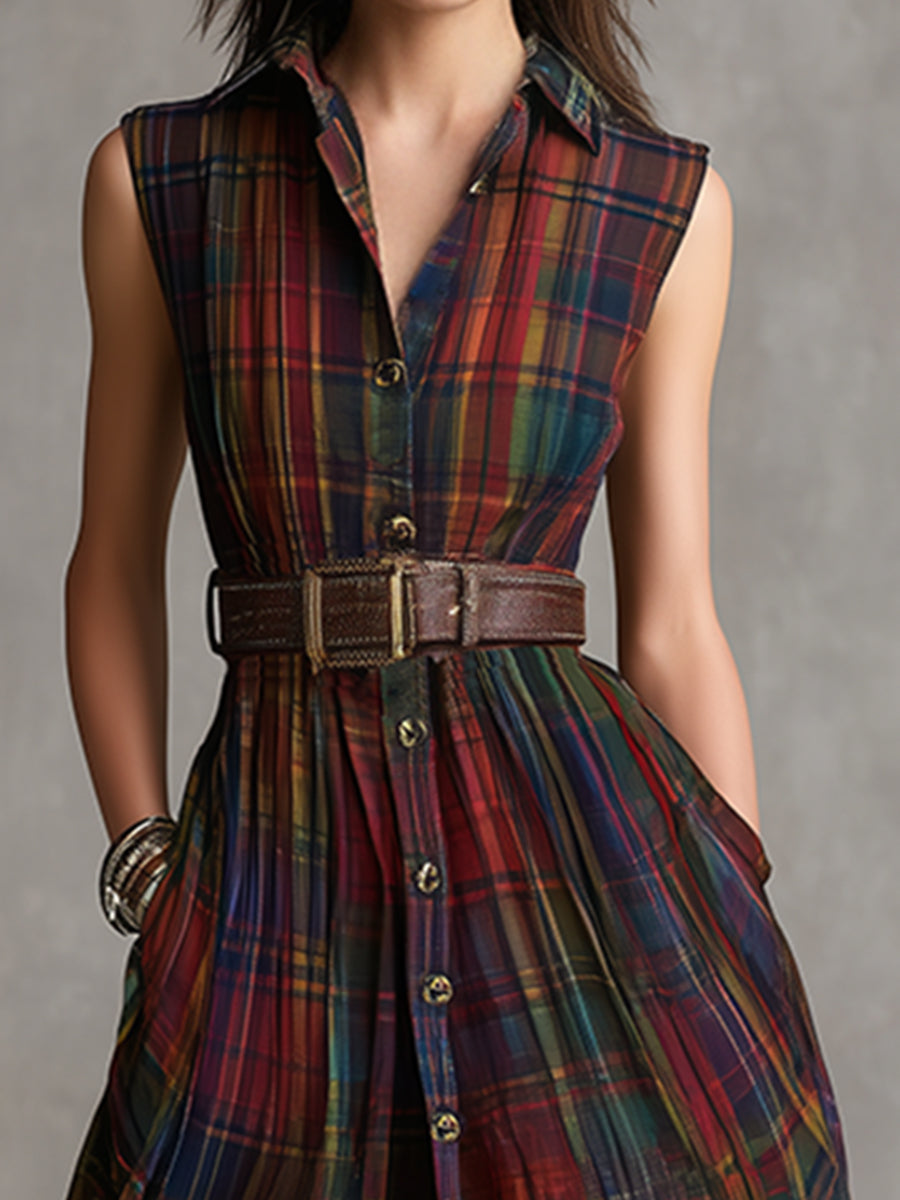 Vintage Ethnic Style Plaid Printed Sleeveless Maxi Dress