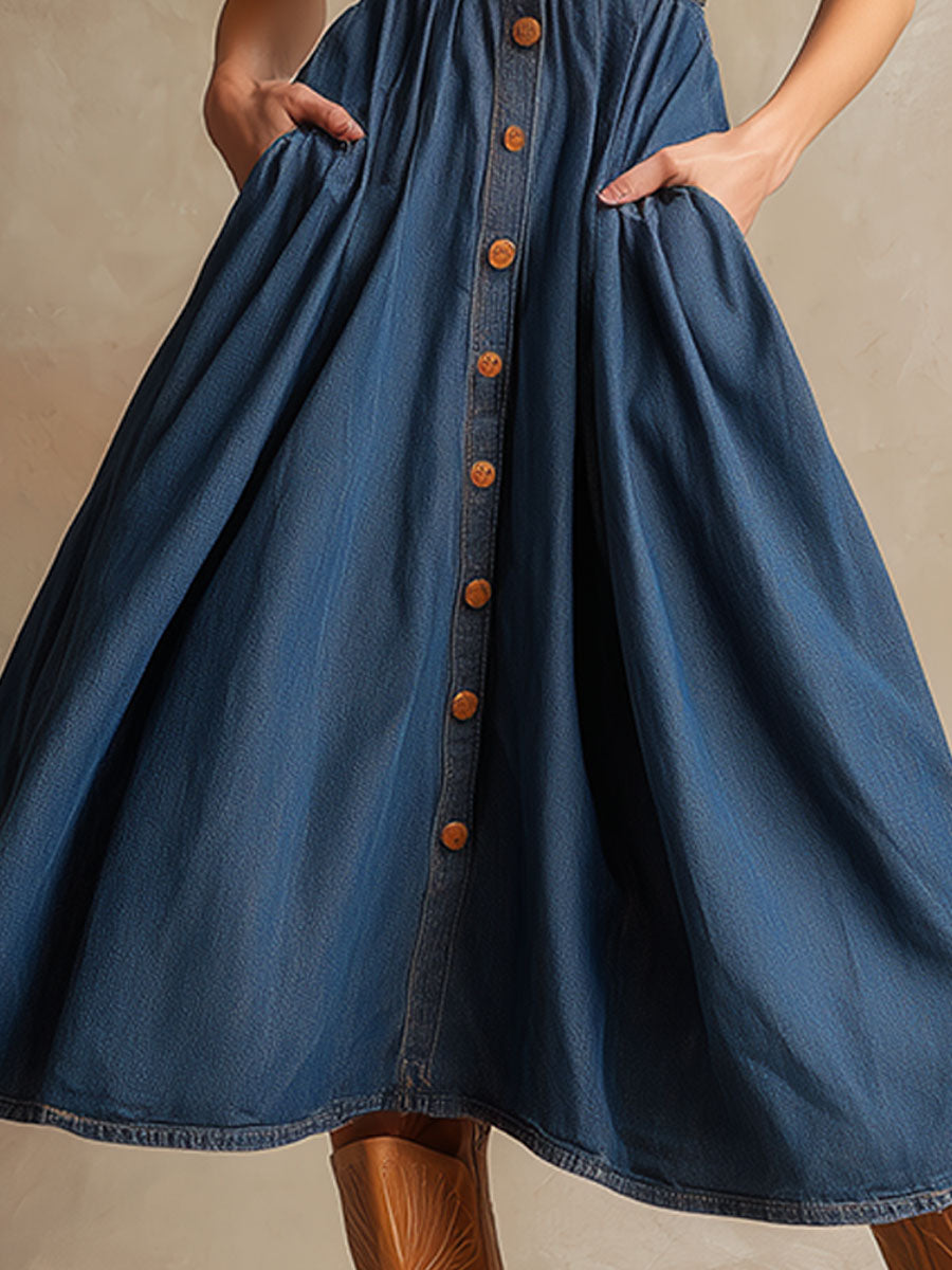 Fashionable Retro Blue Stand-up Collar Button-down Sleeveless Denim Midi Dress