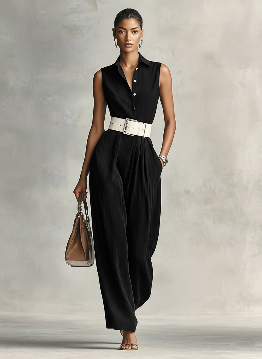 Women's Minimalist Lapel Sleeveless Jumpsuit With Belt MDZ1267A2Y