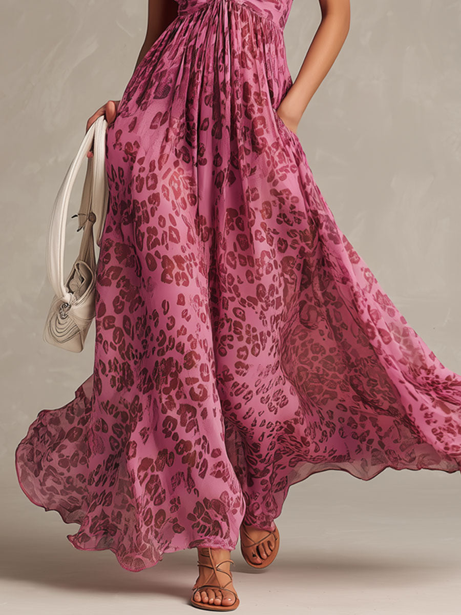 Stylish And Elegant Vacation-ready Pink Chiffon Sleeveless Maxi Dress