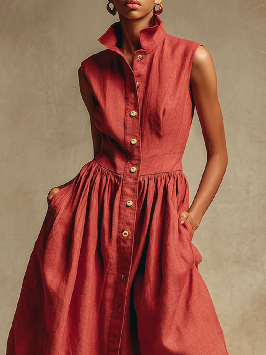 Fashionable Retro Red Cotton And Linen Pleated Cardigan Sleeveless Midi Dress