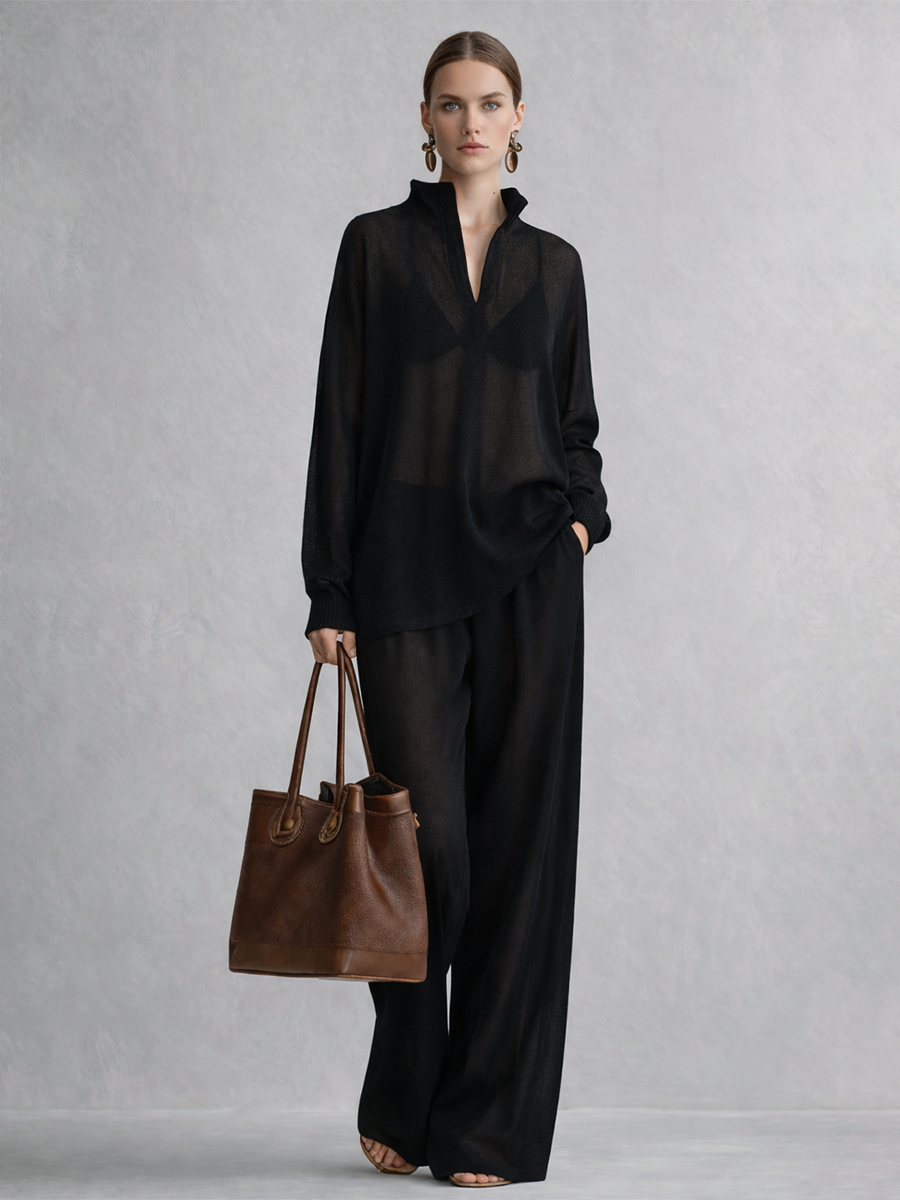 Women's Minimalist Black Twisted Linen V-neck Top And Wide-leg Pants Set MDZ1488A1BA